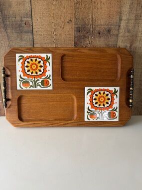 Vintage MCM wood and ceramic tile serving tray